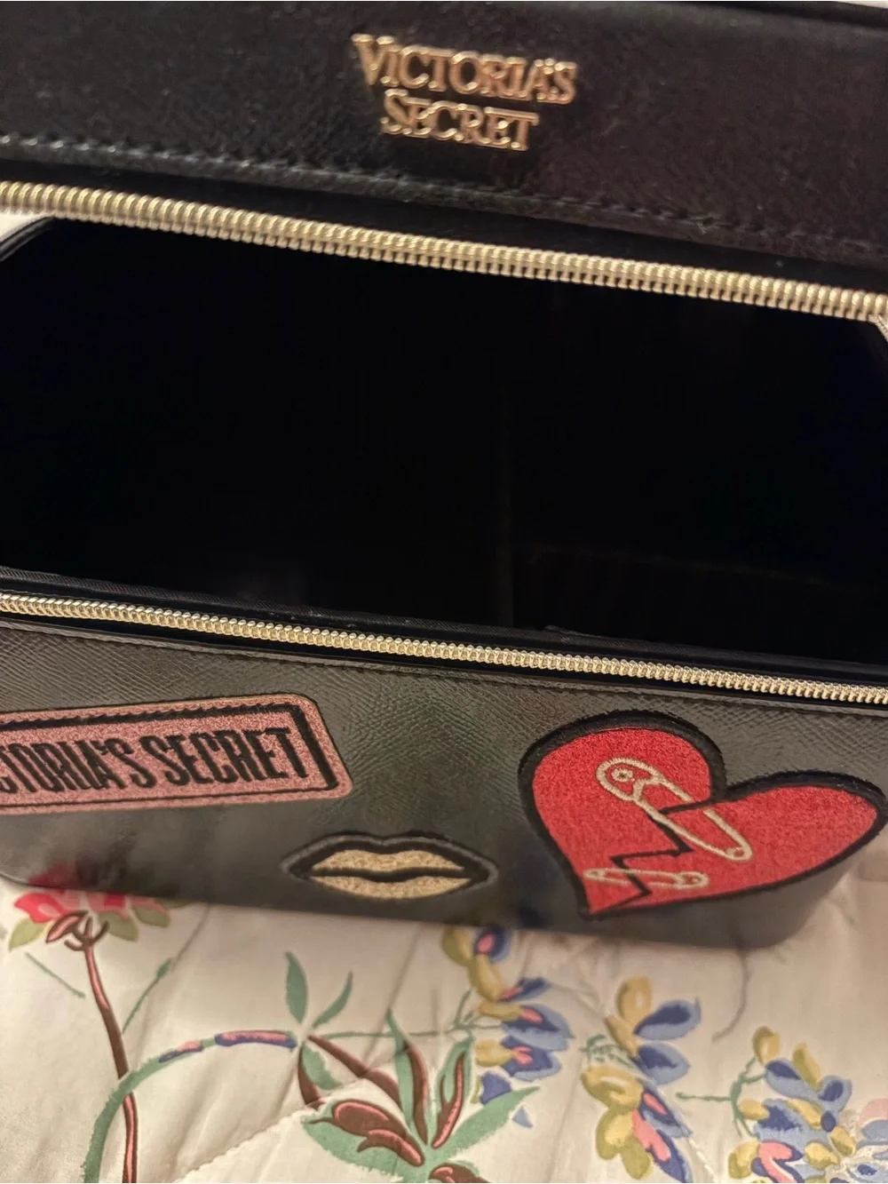 Victoria's Secret Black Travel Cosmetic Case with Red Heart Patch